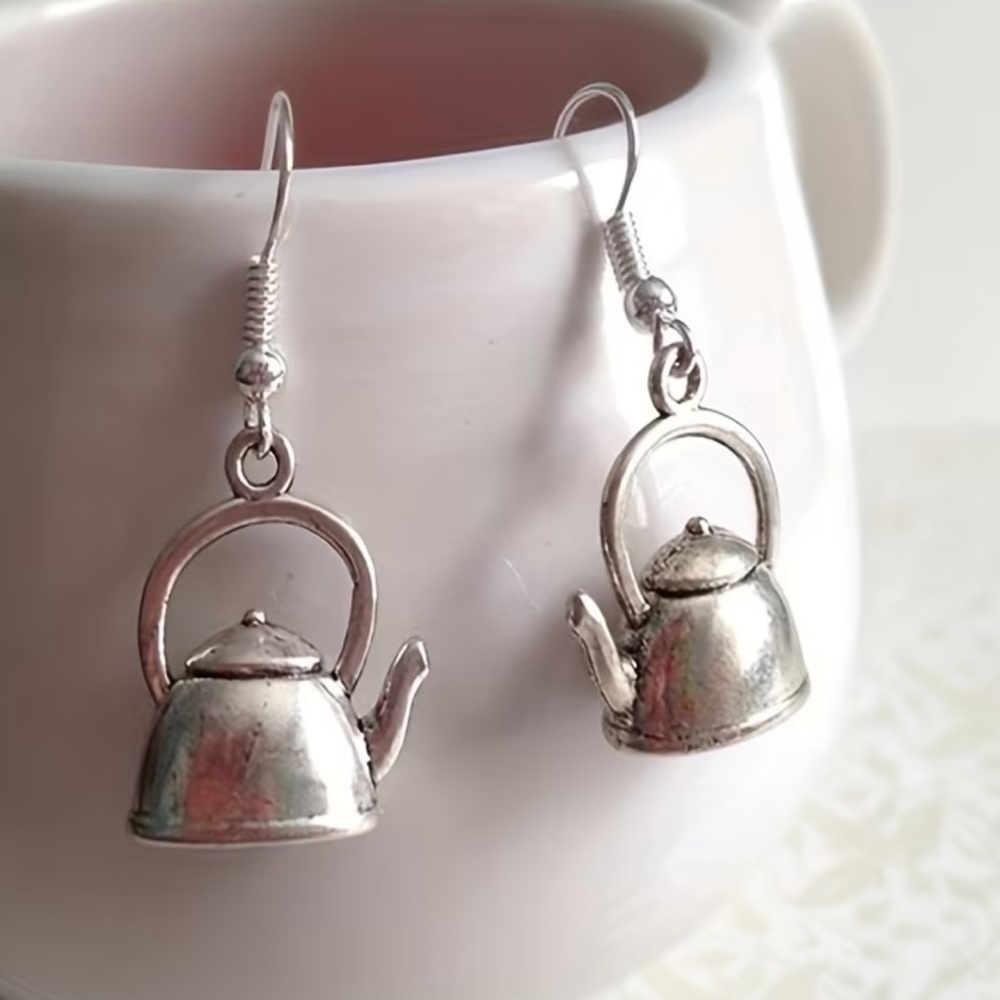 Tea Kettle Dangle Earrings - Silvery